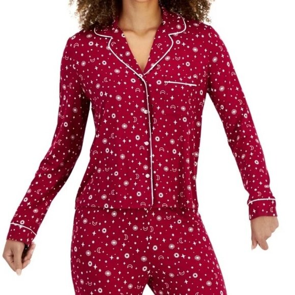 Jenni Women's 2-Piece Notch-Collar Pajama Set, Dark Red Suns and Moons, XS - Picture 2 of 4